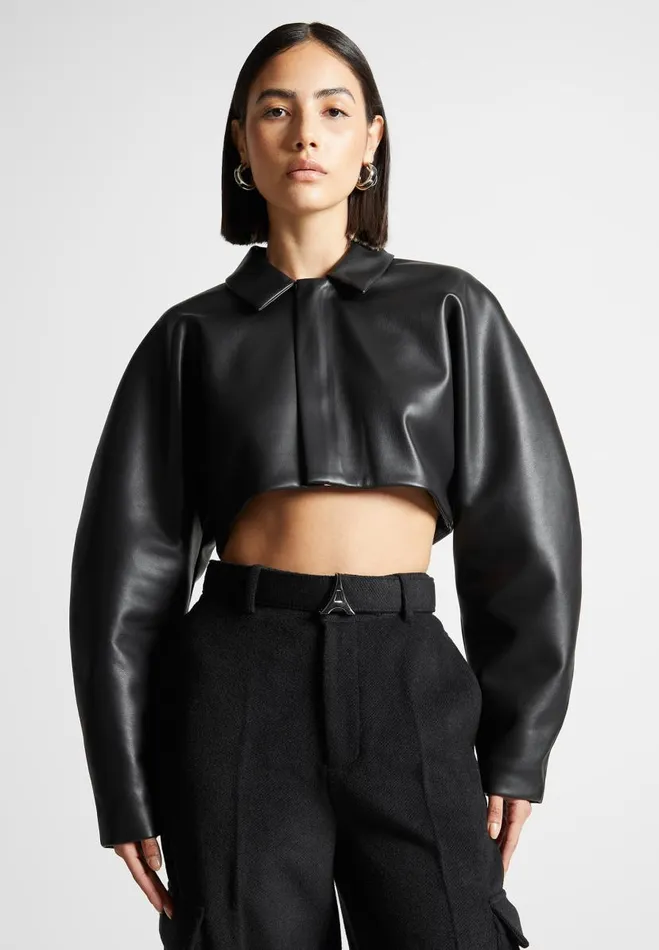 Manire De Voir Jackets Manire De Voir Woman Vegan Leather Super Cropped Jacket 8211 Black Manire De Voir Jackets Manire De Voir Woman Vegan Leather Super Cropped Jacket 8211 Black