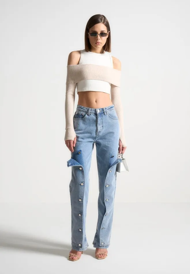 Manire De Voir Jeans Manire De Voir Woman Button Down Overlay Mom Jeans 8211 Mid Blue