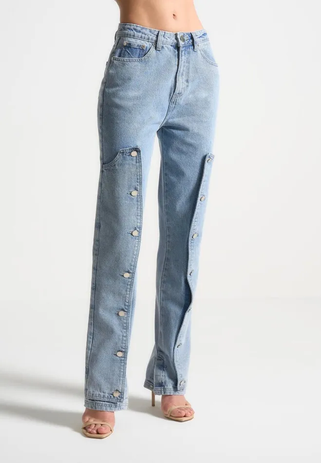 Manire De Voir Jeans Manire De Voir Woman Button Down Overlay Mom Jeans 8211 Mid Blue