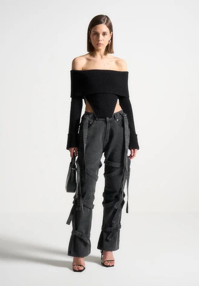 Manire De Voir Jeans Manire De Voir Woman Denim Strap Cargo Jeans 8211 Washed Black