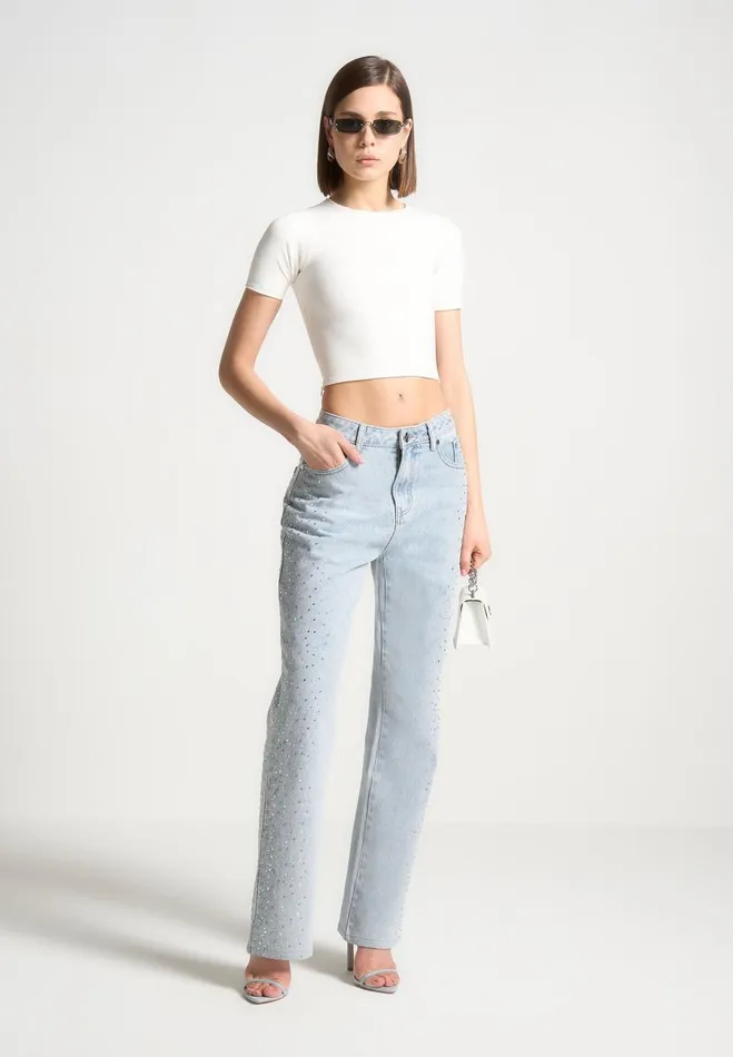 Manire De Voir Jeans Manire De Voir Woman Scattered Rhinestone Boyfriend Jeans 8211 Bleach Wash