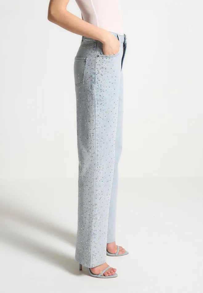 Manire De Voir Jeans Manire De Voir Woman Scattered Rhinestone Boyfriend Jeans 8211 Bleach Wash