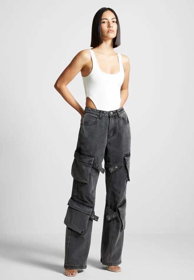 Manire De Voir Jeans Manire De Voir Woman Strap Detail Cargo Jeans 8211 Washed Grey