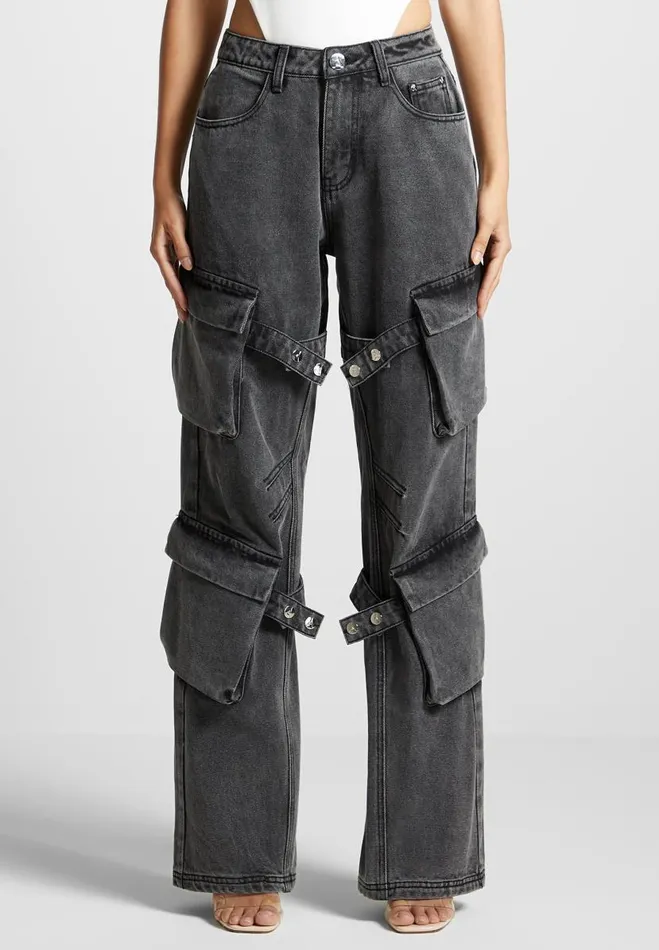 Manire De Voir Jeans Manire De Voir Woman Strap Detail Cargo Jeans 8211 Washed Grey