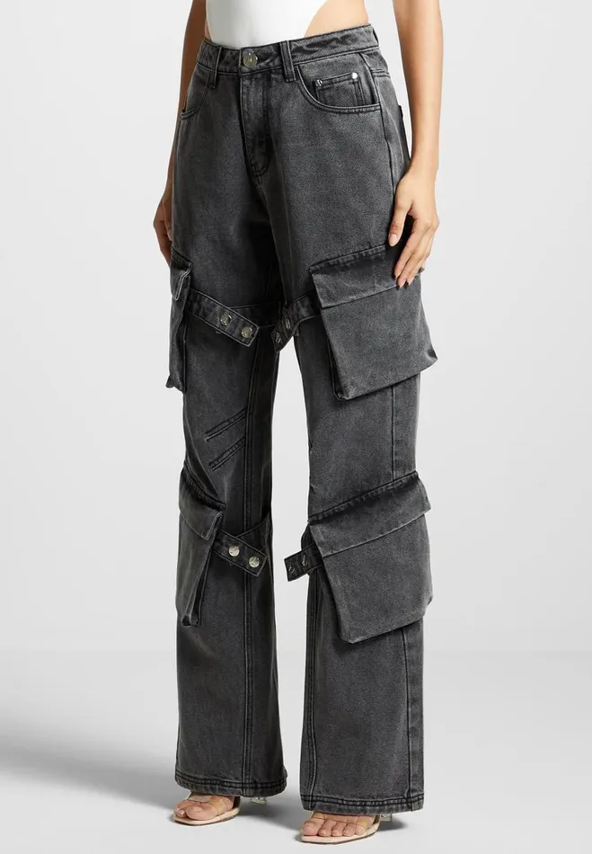 Manire De Voir Jeans Manire De Voir Woman Strap Detail Cargo Jeans 8211 Washed Grey