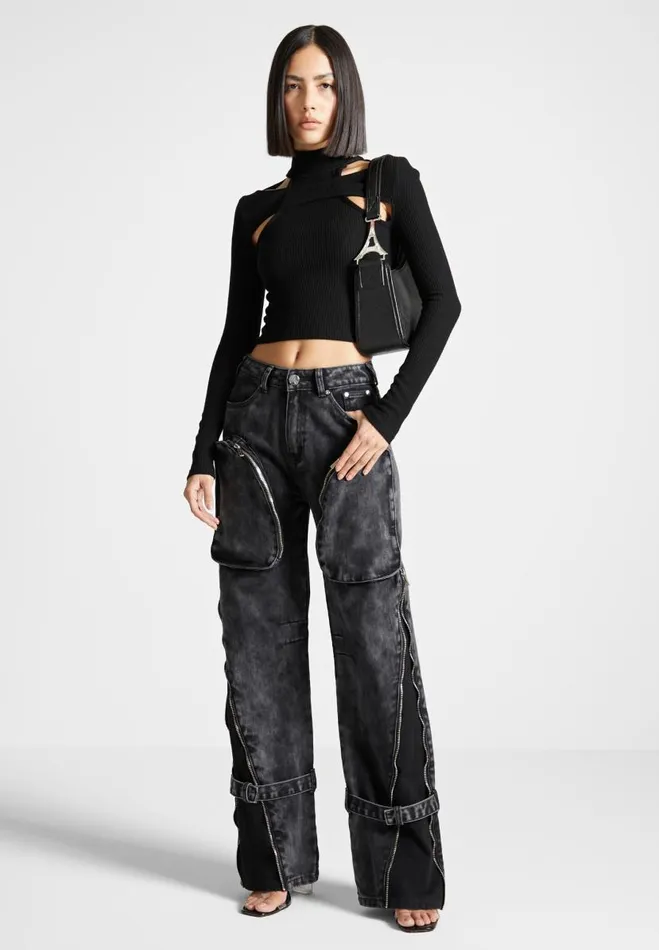 Manire De Voir Jeans Manire De Voir Woman Zip Detail Denim Cargo Pants 8211 Washed Black