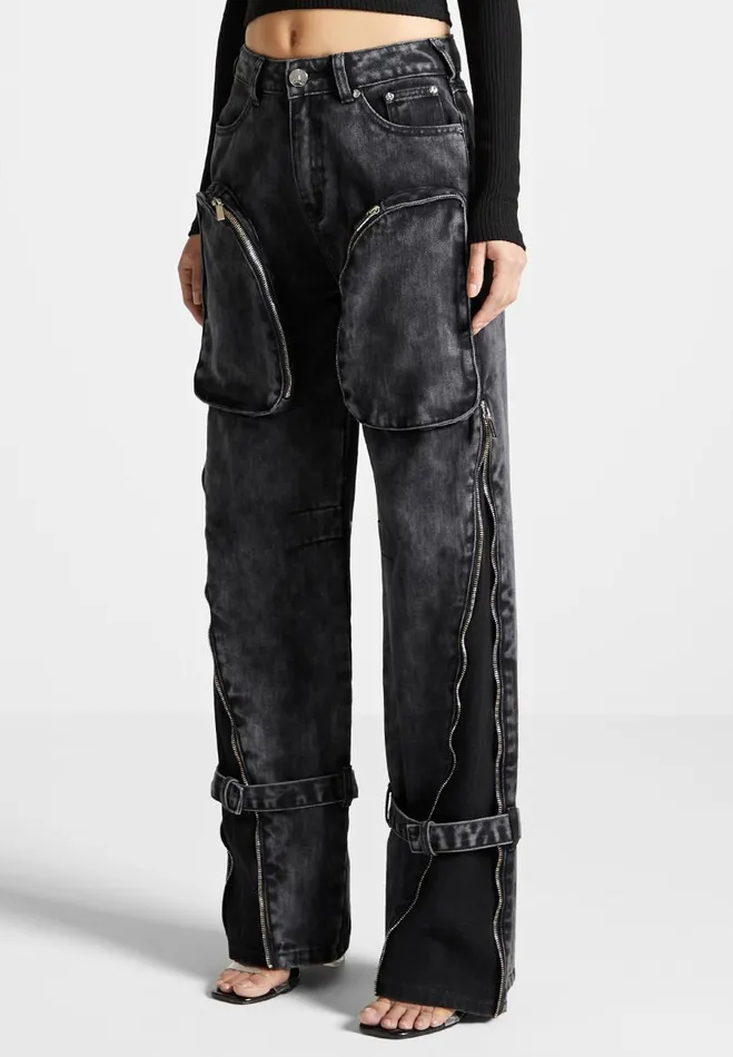 Manire De Voir Jeans Manire De Voir Woman Zip Detail Denim Cargo Pants 8211 Washed Black