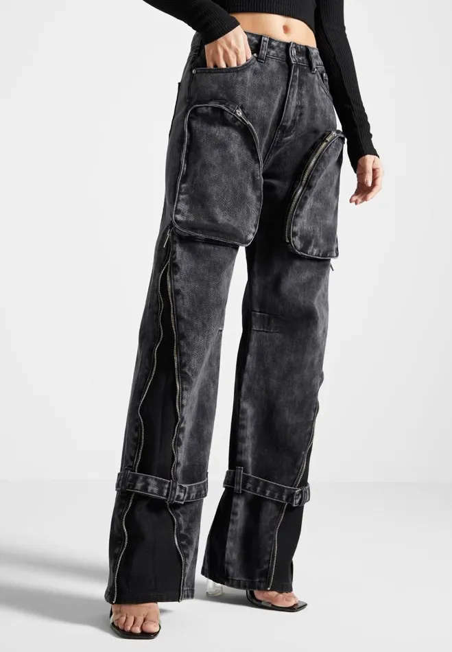 Manire De Voir Jeans Manire De Voir Woman Zip Detail Denim Cargo Pants 8211 Washed Black