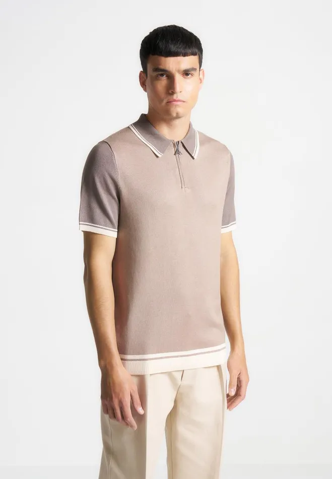 Manire De Voir Knitwear Manire De Voir Man Colour Block Zip Polo Shirt 8211 Taupe Manire De Voir Knitwear Manire De Voir Man Colour Block Zip Polo Shirt 8211 Taupe