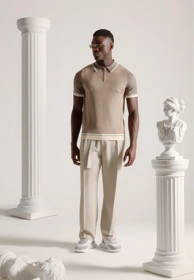 Manire De Voir Knitwear Manire De Voir Man Colour Block Zip Polo Shirt 8211 Taupe