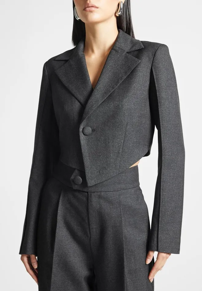 Manire De Voir Matching Sets Manire De Voir Woman Asymmetric Tailored Cropped Blazer 8211 Grey Manire De Voir Matching Sets Manire De Voir Woman Asymmetric Tailored Cropped Blazer 8211 Grey