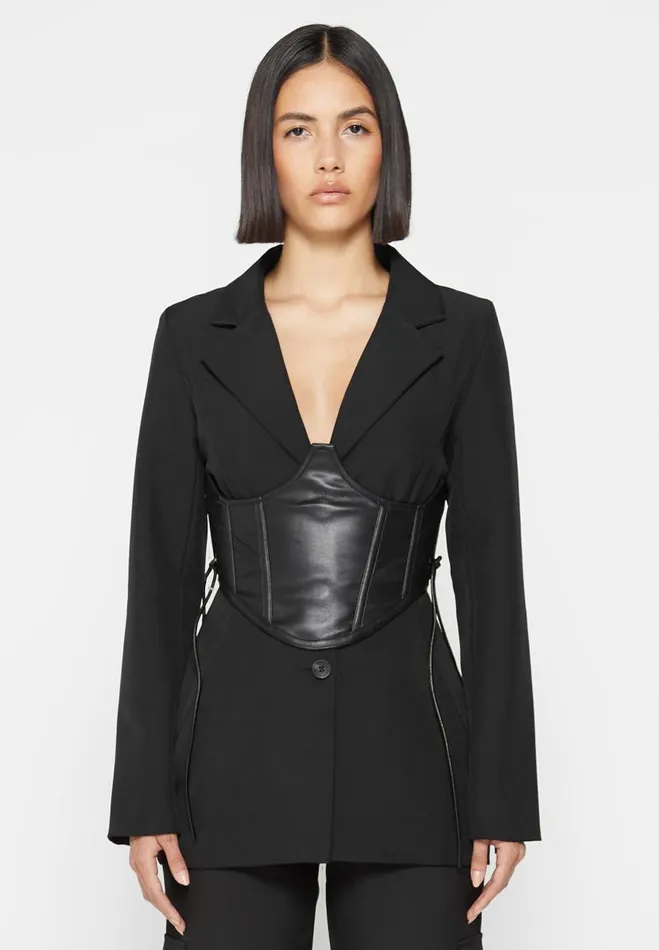 Manire De Voir Matching Sets Manire De Voir Woman Blazer With Vegan Leather Corset 8211 Black Manire De Voir Matching Sets Manire De Voir Woman Blazer With Vegan Leather Corset 8211 Black