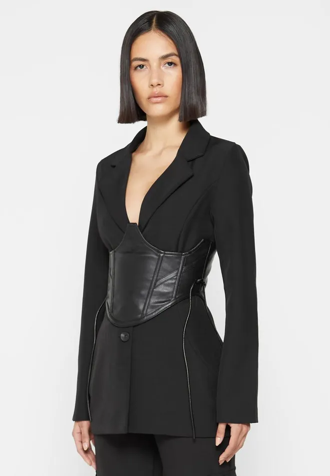 Manire De Voir Matching Sets Manire De Voir Woman Blazer With Vegan Leather Corset 8211 Black