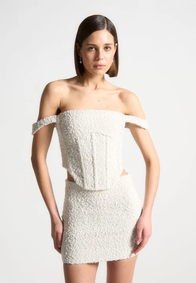 Manire De Voir Matching Sets Manire De Voir Woman Boucle Bardot Corset Top 8211 Off White Manire De Voir Matching Sets Manire De Voir Woman Boucle Bardot Corset Top 8211 Off White