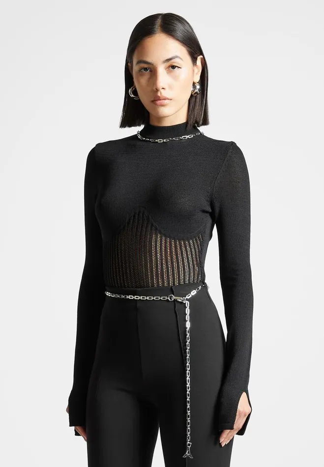 Manire De Voir Matching Sets Manire De Voir Woman Contour Knit Bodysuit With Chain 8211 Black