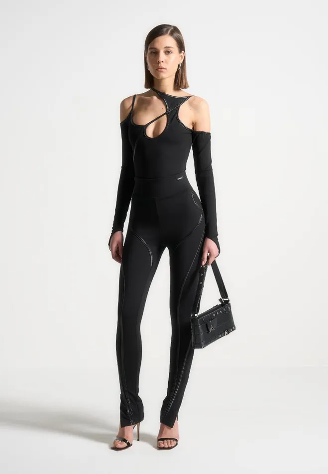 Manire De Voir Matching Sets Manire De Voir Woman Contrast Asymmetric Bodysuit 8211 Black Manire De Voir Matching Sets Manire De Voir Woman Contrast Asymmetric Bodysuit 8211 Black