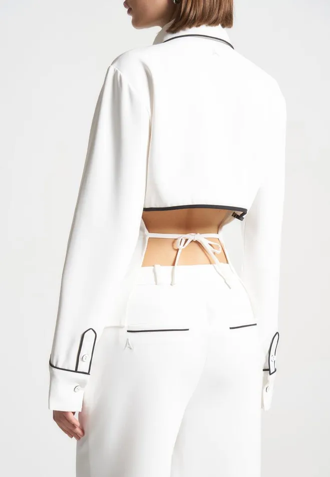 Manire De Voir Matching Sets Manire De Voir Woman Contrast Piped Backless Tie Shirt 8211 WhiteBlack