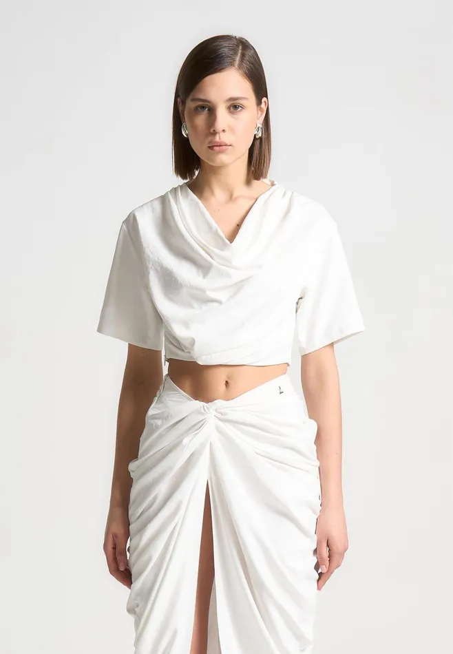 Manire De Voir Matching Sets Manire De Voir Woman Cowl Neck Drape TShirt 8211 White