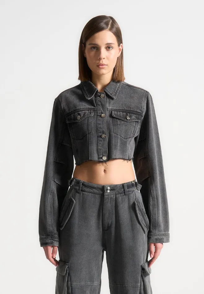 Manire De Voir Matching Sets Manire De Voir Woman Cropped Tacked Sleeve Jacket 8211 Washed Grey Manire De Voir Matching Sets Manire De Voir Woman Cropped Tacked Sleeve Jacket 8211 Washed Grey