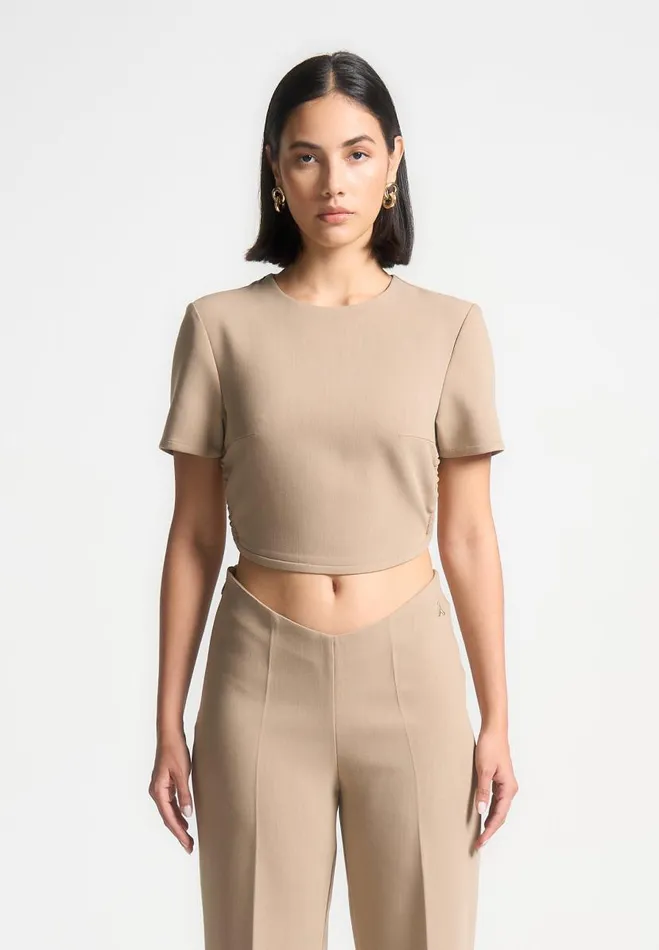 Manire De Voir Matching Sets Manire De Voir Woman Curved Hem Backless Top With Tie 8211 Dark Beige Manire De Voir Matching Sets Manire De Voir Woman Curved Hem Backless Top With Tie 8211 Dark Beige