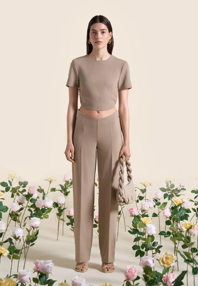 Manire De Voir Matching Sets Manire De Voir Woman Curved Hem Backless Top With Tie 8211 Dark Beige