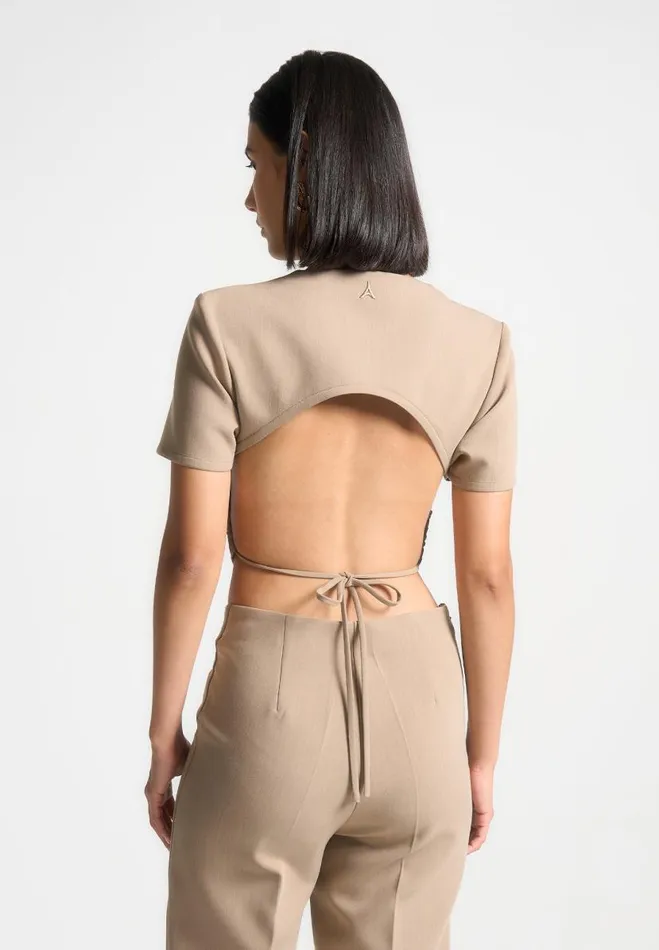 Manire De Voir Matching Sets Manire De Voir Woman Curved Hem Backless Top With Tie 8211 Dark Beige
