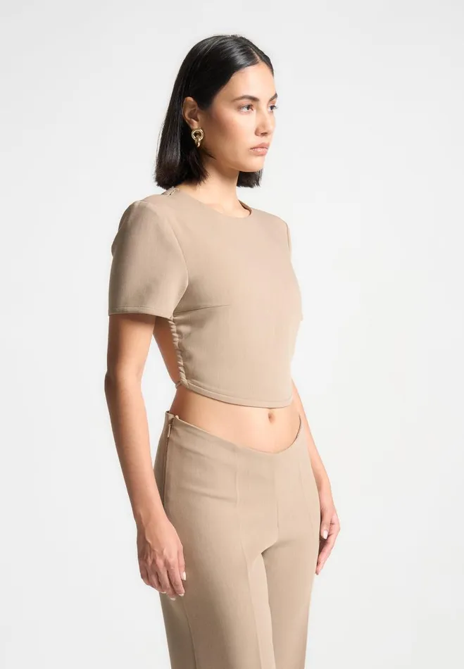 Manire De Voir Matching Sets Manire De Voir Woman Curved Hem Backless Top With Tie 8211 Dark Beige