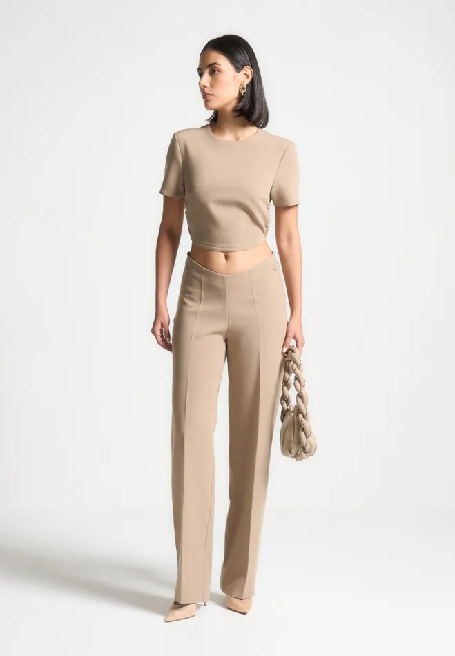 Manire De Voir Matching Sets Manire De Voir Woman Curved Hem Backless Top With Tie 8211 Dark Beige