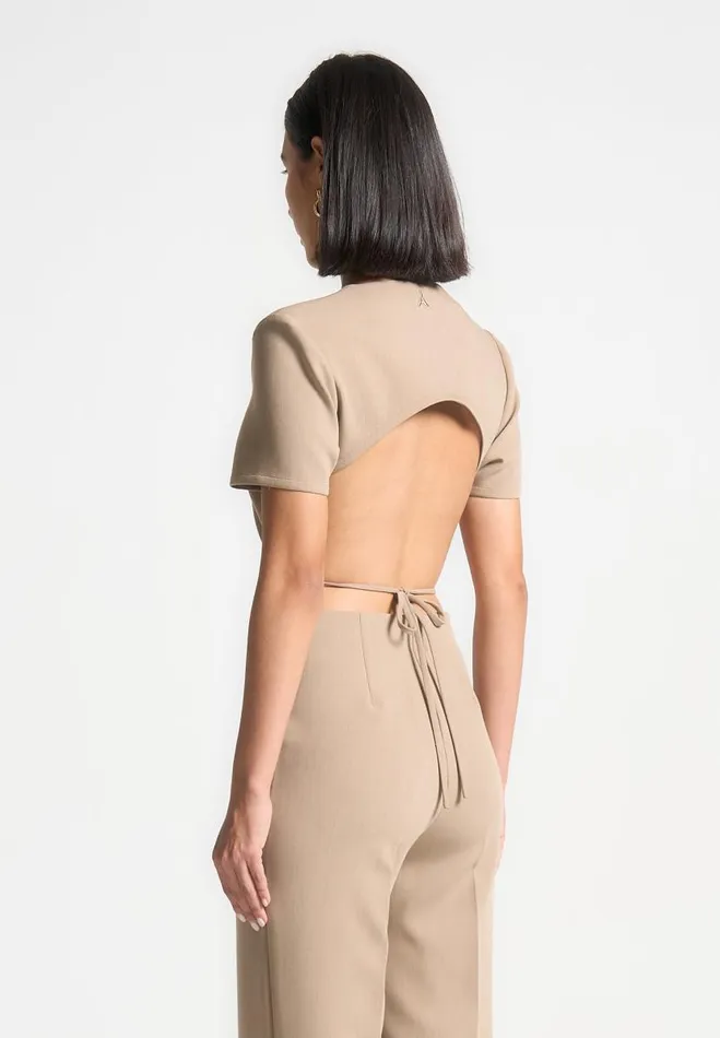 Manire De Voir Matching Sets Manire De Voir Woman Curved Hem Backless Top With Tie 8211 Dark Beige