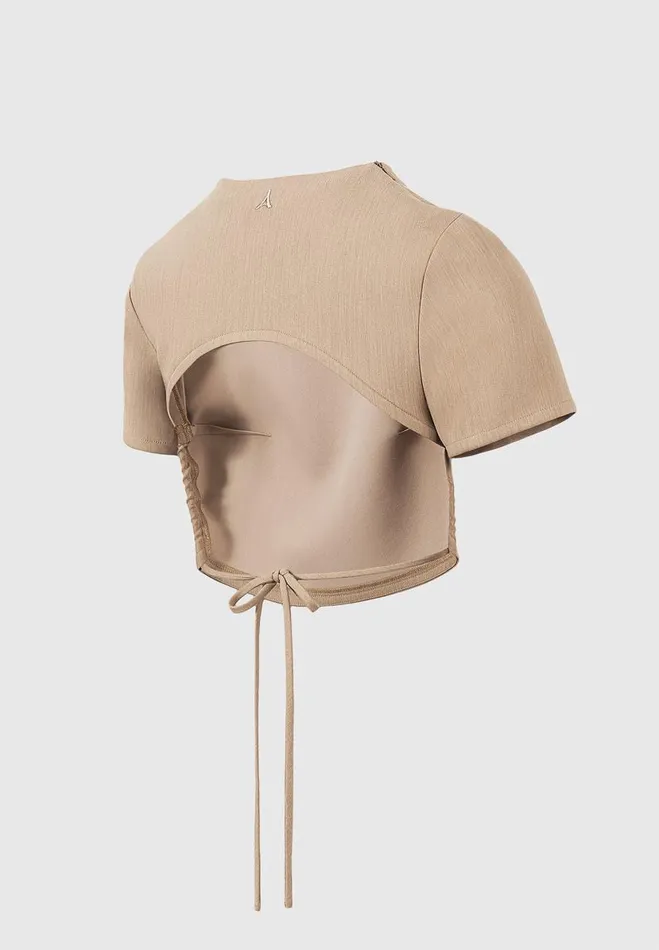 Manire De Voir Matching Sets Manire De Voir Woman Curved Hem Backless Top With Tie 8211 Dark Beige