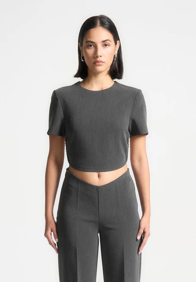 Manire De Voir Matching Sets Manire De Voir Woman Curved Hem Backless Top With Tie 8211 Dark Grey Manire De Voir Matching Sets Manire De Voir Woman Curved Hem Backless Top With Tie 8211 Dark Grey