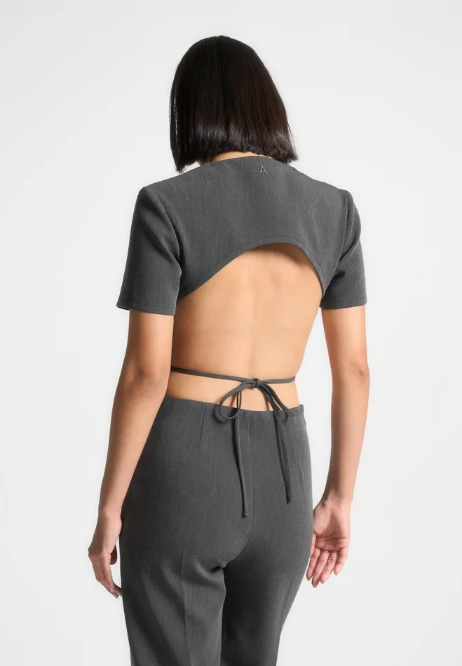 Manire De Voir Matching Sets Manire De Voir Woman Curved Hem Backless Top With Tie 8211 Dark Grey