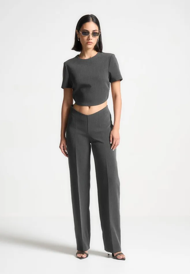Manire De Voir Matching Sets Manire De Voir Woman Curved Hem Backless Top With Tie 8211 Dark Grey