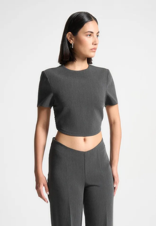 Manire De Voir Matching Sets Manire De Voir Woman Curved Hem Backless Top With Tie 8211 Dark Grey