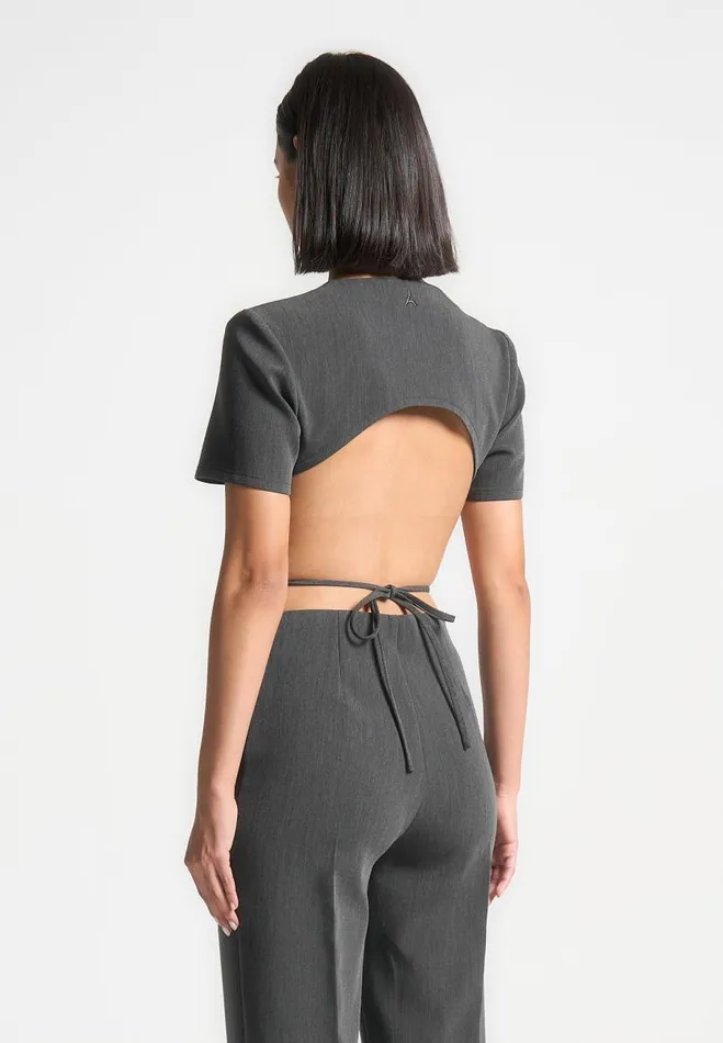 Manire De Voir Matching Sets Manire De Voir Woman Curved Hem Backless Top With Tie 8211 Dark Grey