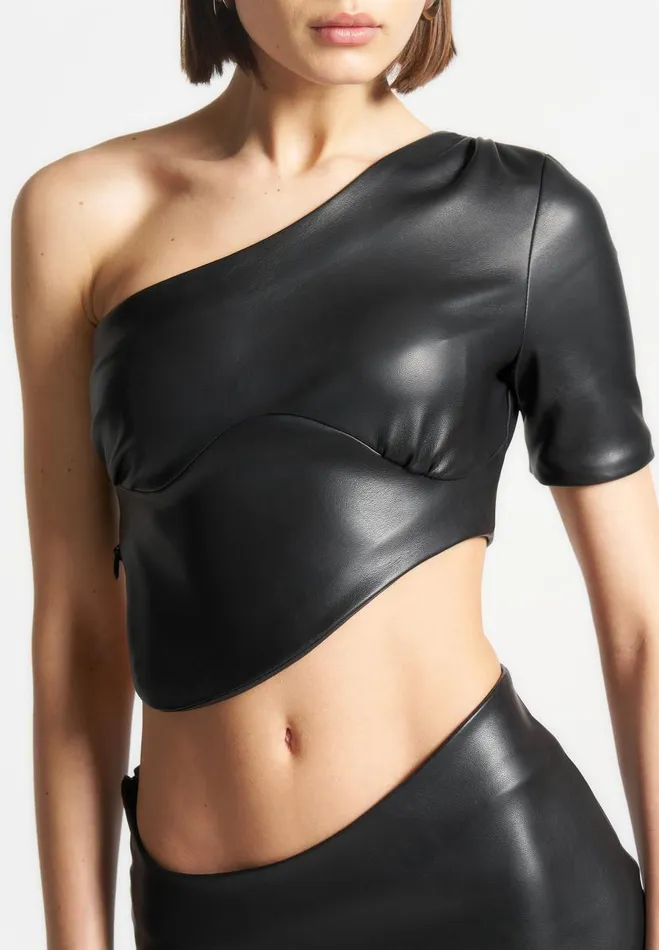 Manire De Voir Matching Sets Manire De Voir Woman Curved Hem Vegan Leather Crop Top 8211 Black