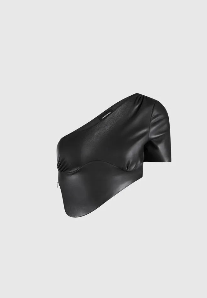 Manire De Voir Matching Sets Manire De Voir Woman Curved Hem Vegan Leather Crop Top 8211 Black