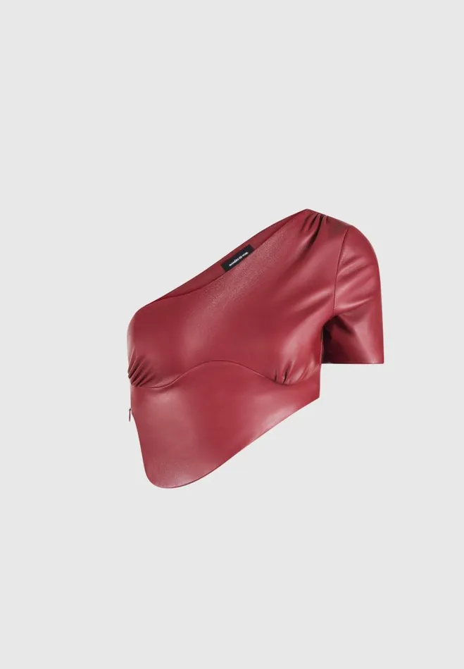 Manire De Voir Matching Sets Manire De Voir Woman Curved Hem Vegan Leather Crop Top 8211 Wine Red