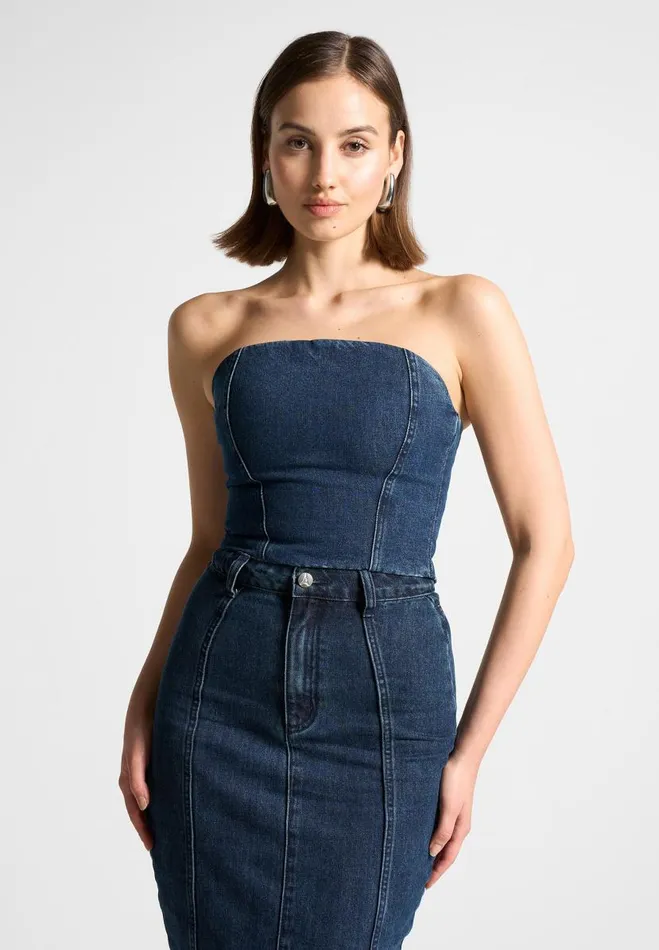 Manire De Voir Matching Sets Manire De Voir Woman Denim Bandeau Corset Top 8211 Indigo Manire De Voir Matching Sets Manire De Voir Woman Denim Bandeau Corset Top 8211 Indigo
