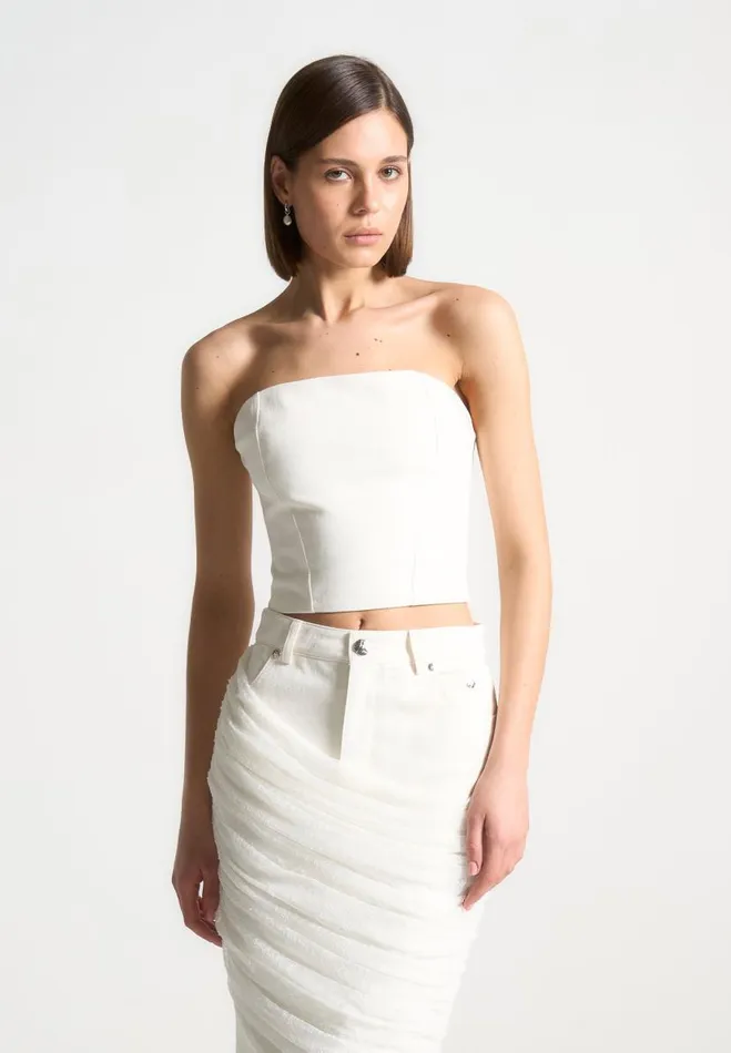 Manire De Voir Matching Sets Manire De Voir Woman Denim Bandeau Corset Top 8211 Off White Manire De Voir Matching Sets Manire De Voir Woman Denim Bandeau Corset Top 8211 Off White