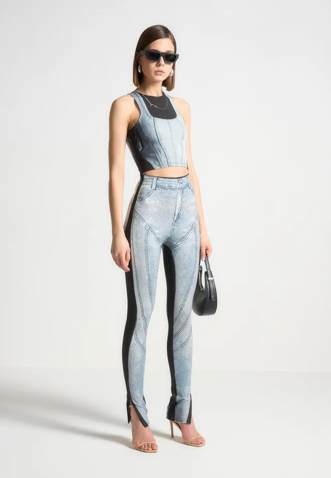Manire De Voir Matching Sets Manire De Voir Woman Denim Print Leggings 8211 BlueBlack Manire De Voir Matching Sets Manire De Voir Woman Denim Print Leggings 8211 BlueBlack