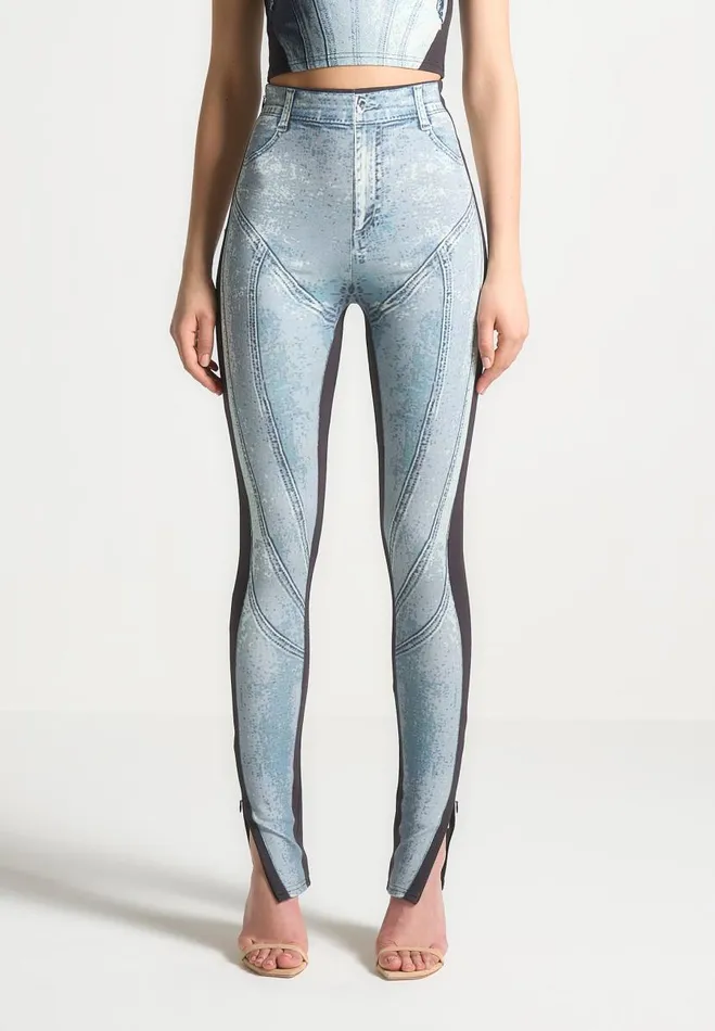 Manire De Voir Matching Sets Manire De Voir Woman Denim Print Leggings 8211 BlueBlack