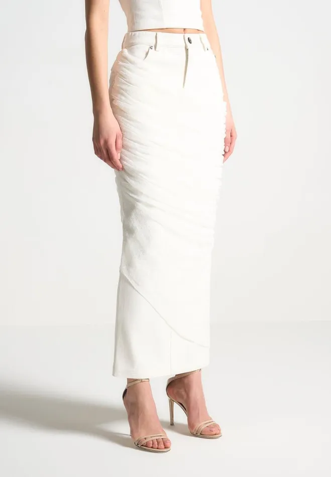 Manire De Voir Matching Sets Manire De Voir Woman Draped Mesh Denim Maxi Skirt 8211 Off White Manire De Voir Matching Sets Manire De Voir Woman Draped Mesh Denim Maxi Skirt 8211 Off White