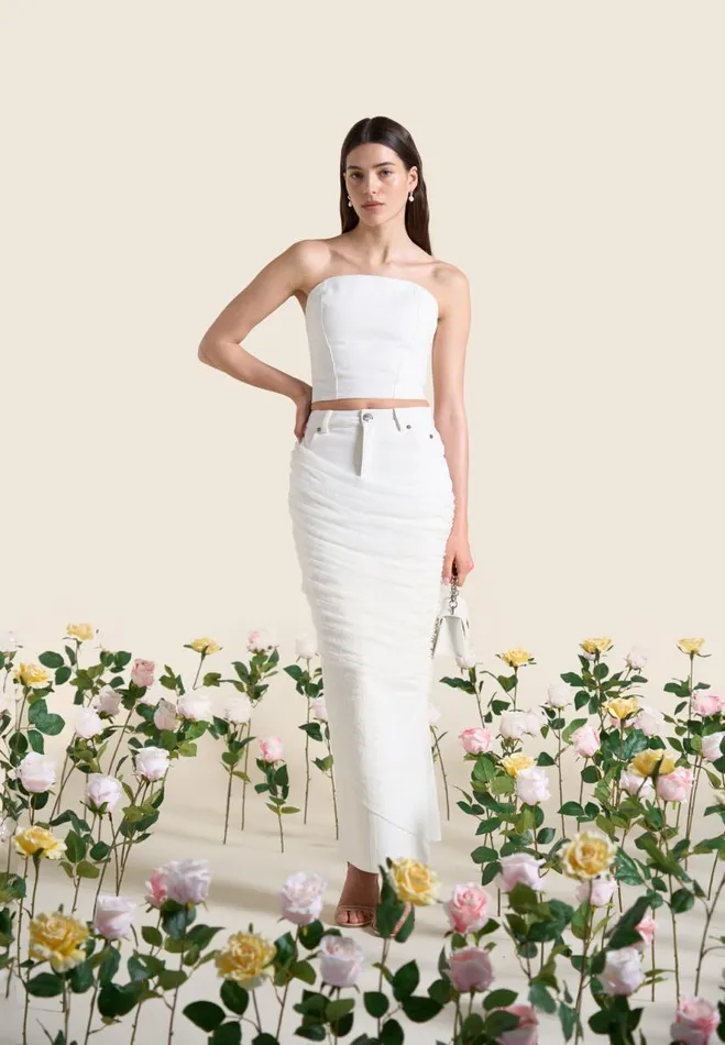 Manire De Voir Matching Sets Manire De Voir Woman Draped Mesh Denim Maxi Skirt 8211 Off White
