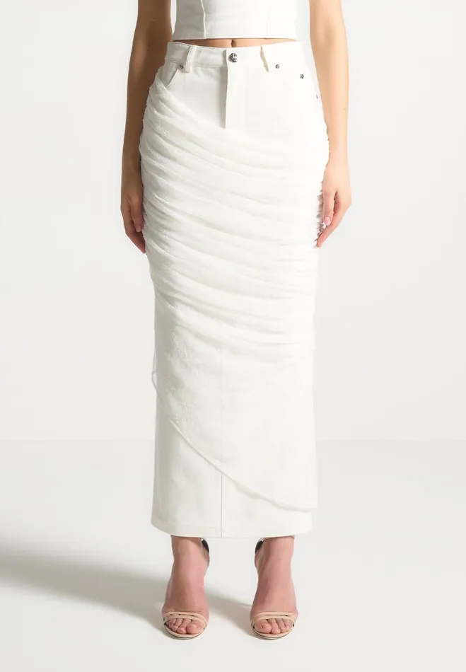 Manire De Voir Matching Sets Manire De Voir Woman Draped Mesh Denim Maxi Skirt 8211 Off White