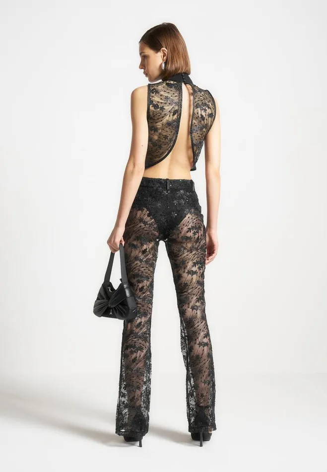 Manire De Voir Matching Sets Manire De Voir Woman Embellished Lace Open Back Top 8211 Black Manire De Voir Matching Sets Manire De Voir Woman Embellished Lace Open Back Top 8211 Black