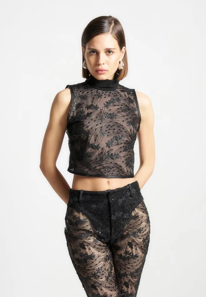 Manire De Voir Matching Sets Manire De Voir Woman Embellished Lace Open Back Top 8211 Black