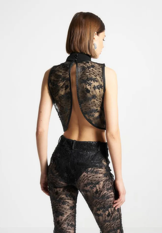 Manire De Voir Matching Sets Manire De Voir Woman Embellished Lace Open Back Top 8211 Black