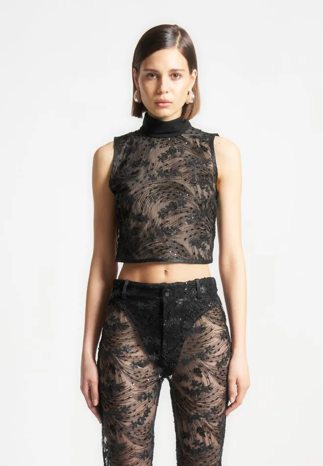 Manire De Voir Matching Sets Manire De Voir Woman Embellished Lace Open Back Top 8211 Black