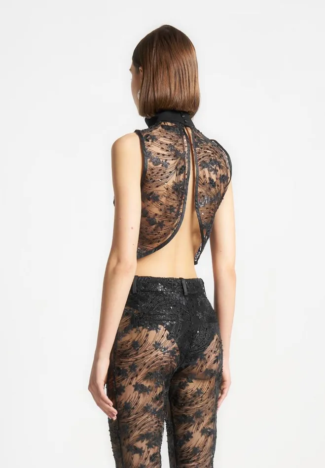 Manire De Voir Matching Sets Manire De Voir Woman Embellished Lace Open Back Top 8211 Black